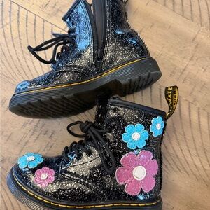 Black Glitter Doc Martens Boots size 8c with Floral detail